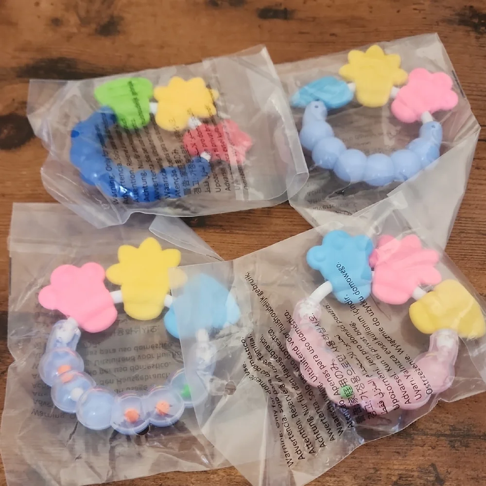 4 Pk Mixed Colorful Three Headed Baby Teething Rings And rattle For 0-3yrs